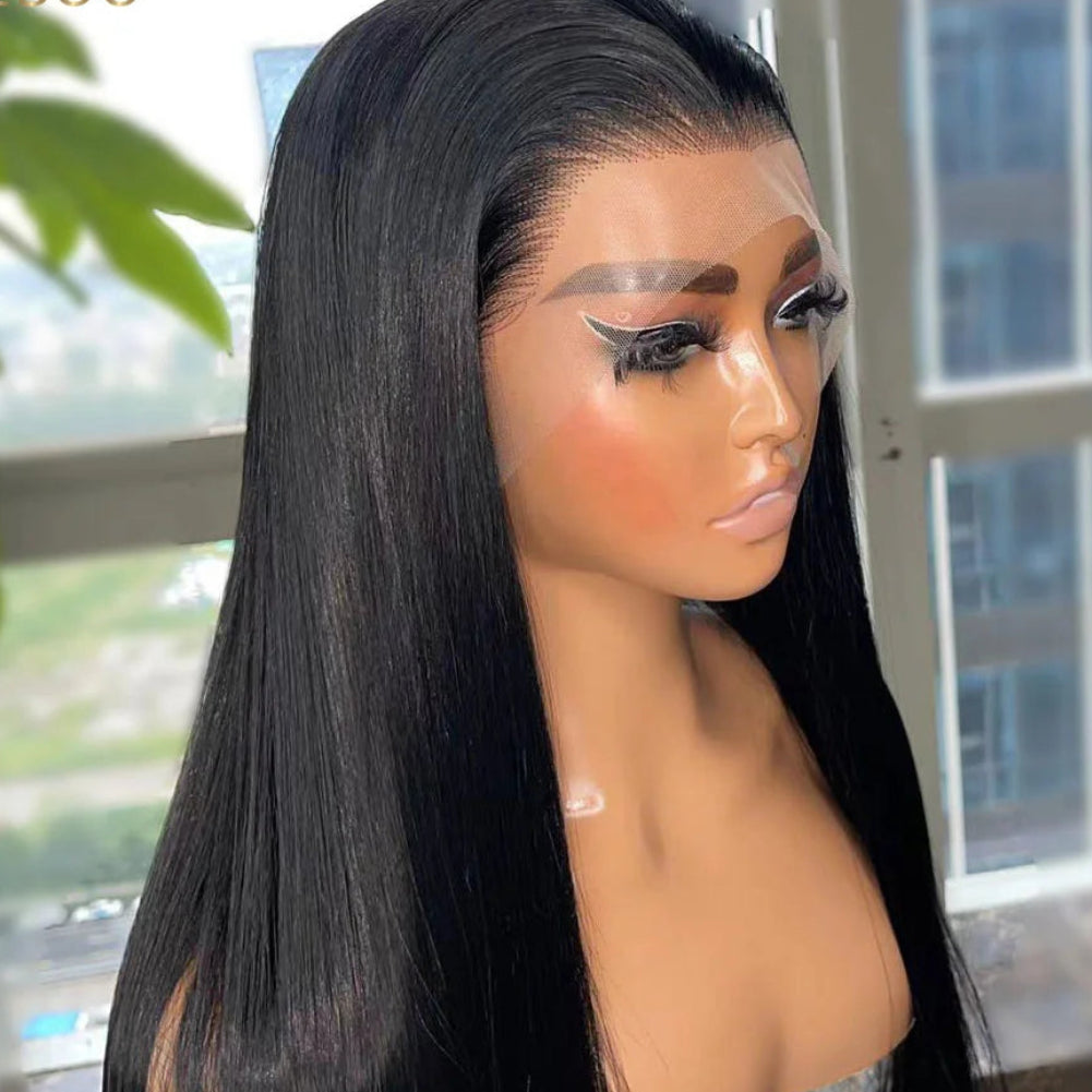 Jet Black Silky Straight Futura Synthetic 13x4 Lace Front Wig - 150% Density Glueless Pre-Plucked Hairline Short Bob Wig - Japan Heat-Resistant Fiber Free Part Wig for Women (#1 Black) Luxegan