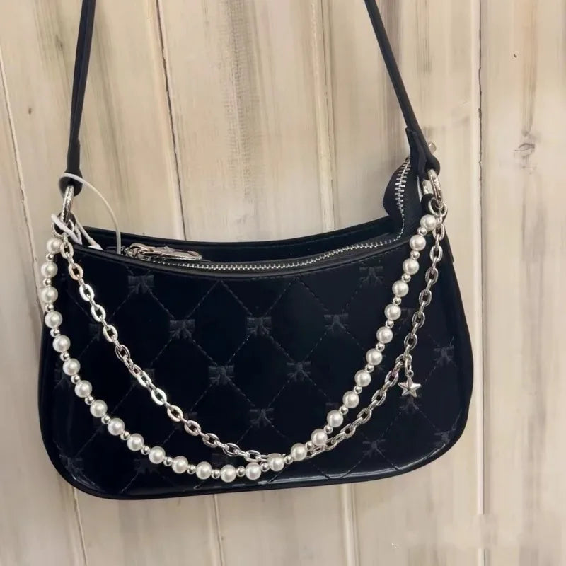 Women's Shoulder Bag | Elegant Cute Bow Pearl Chains & Embroidery Handbag (Casual Leather Korean Fashion Female Handbag) Luxegan