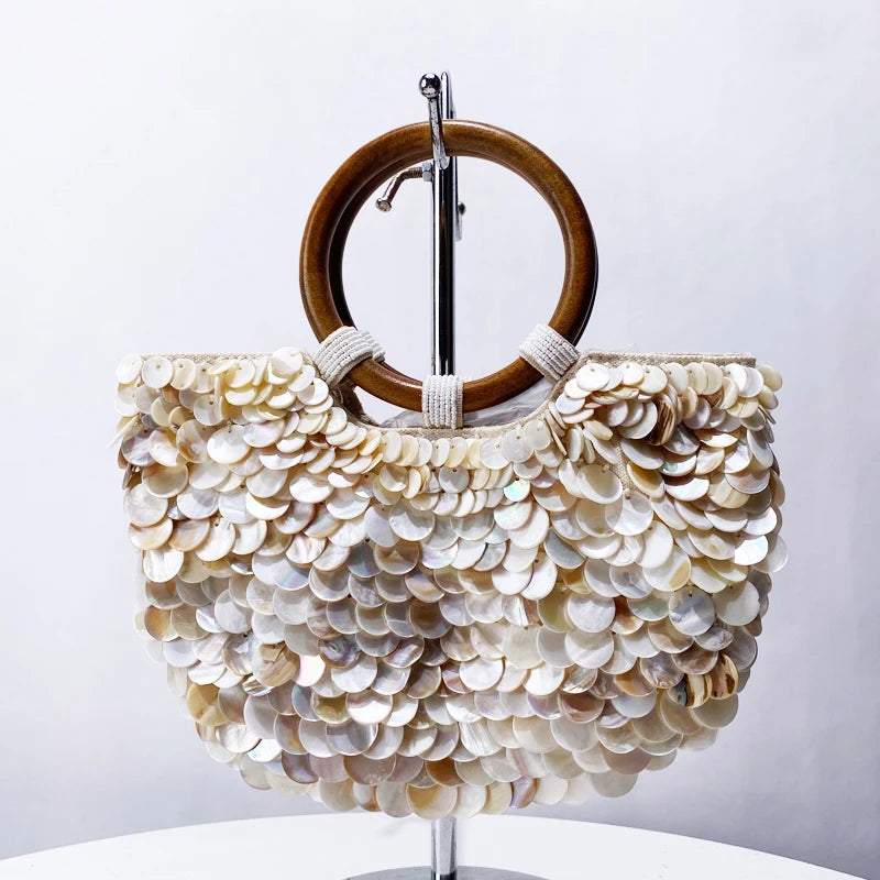 Small Shell Evening Bags for Women | Luxury Designer Handbag Purses & New Canvas Inlaid Acrylic Wooden Handle Chain Shoulder Bag Luxegab