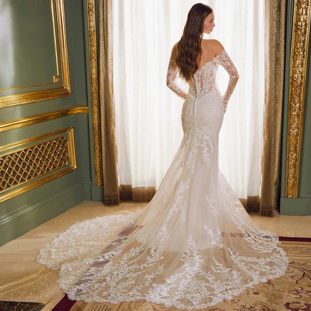 Sexy Mermaid Strapless Wedding Dress | Exquisite Sheer Full-Sleeve Applique Bridal Gown | Low-Back Lace Floor-Length Dress with Court Train Luxegan