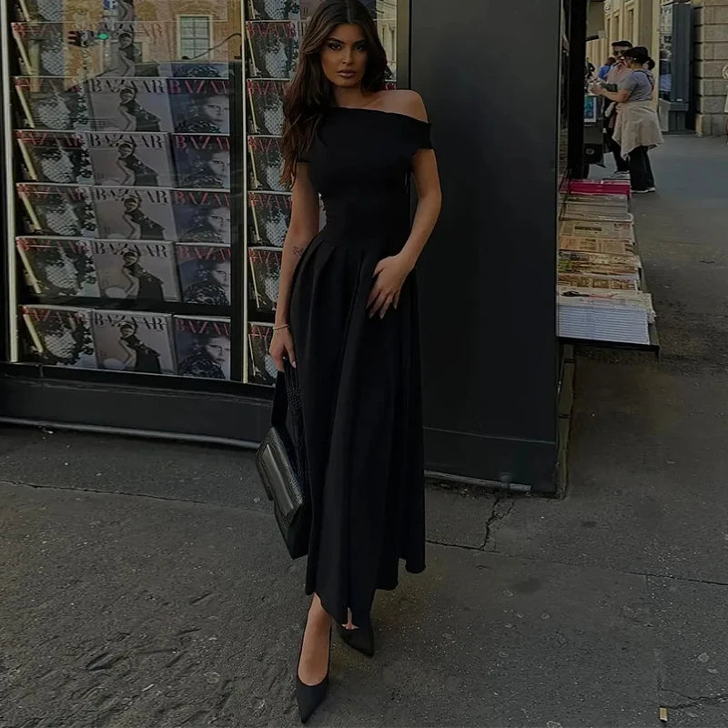 Women's Elegant Skew Collar Long Dress | Casual Summer Loose Fit Asymmetrical Midi Gown | Ruched Sleeveless Fit and Flare Robe | Premium Empire Waist Solid Dress Model Sexy Dress Women Luxegan