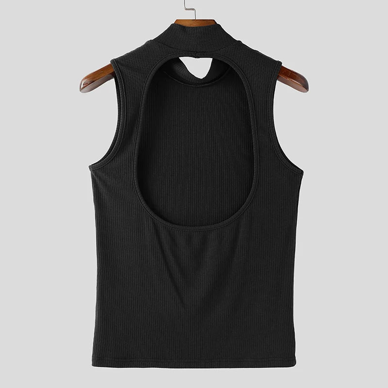 INCERUN Men Tank Tops Knitted Solid Color Turtleneck Sleeveless Male Vests Streetwear Hollow Out Backless Fashion Men Clothing