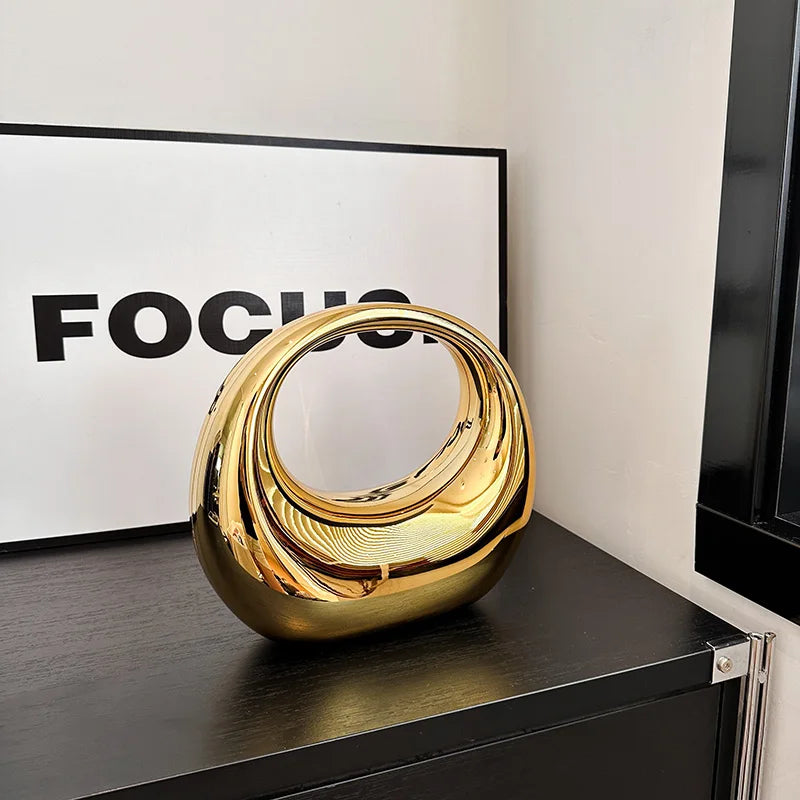 Golden Evening Handbag | Round Handle PVC Wrist Bag & Luxury Designer Clutch Luxegan