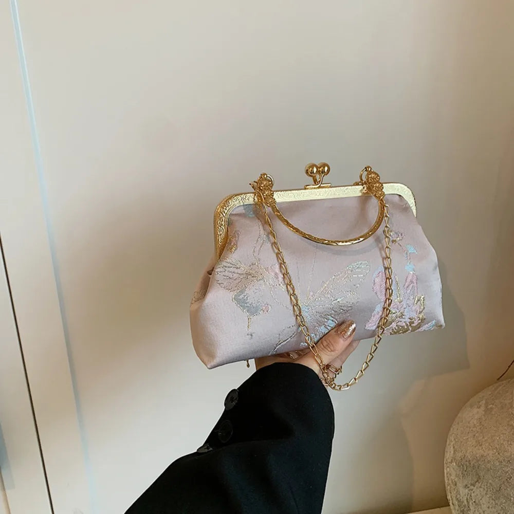 Fashion Silk Chinese Style Handbag | Retro Embroidery Shell Bag | Elegant Minaudière Shoulder & Crossbody Bag | Traditional Artisan Single-Strap Ladies' Purse Luxegan