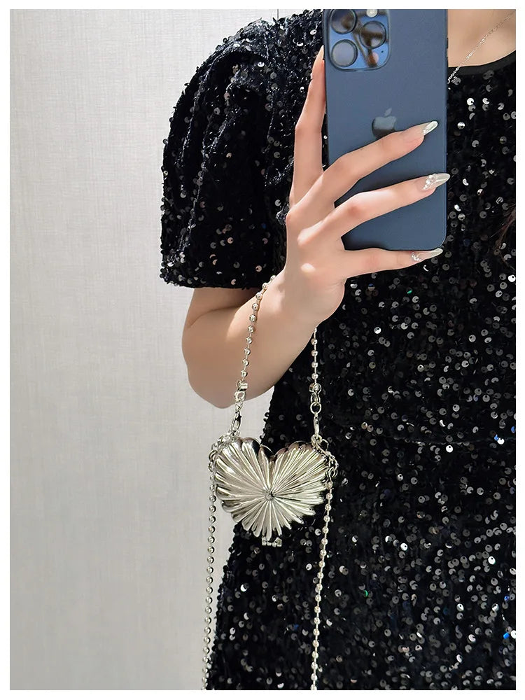 Metallic Heart Shell Minaudiere | Hard Golden/Silver Designer Evening Clutch Luxegan