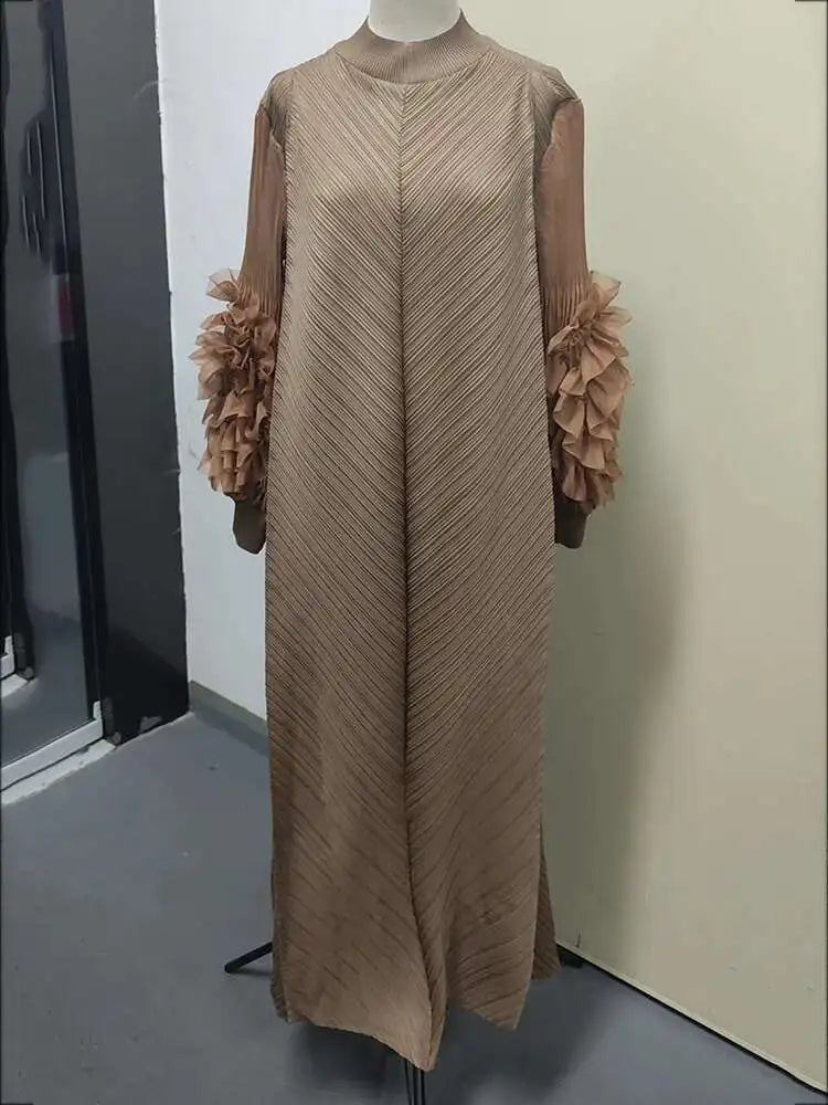 Pleated Lettuce Hem Maxi Dress | Turtleneck Full Sleeve Loose A-Line Casual Dress Luxegan