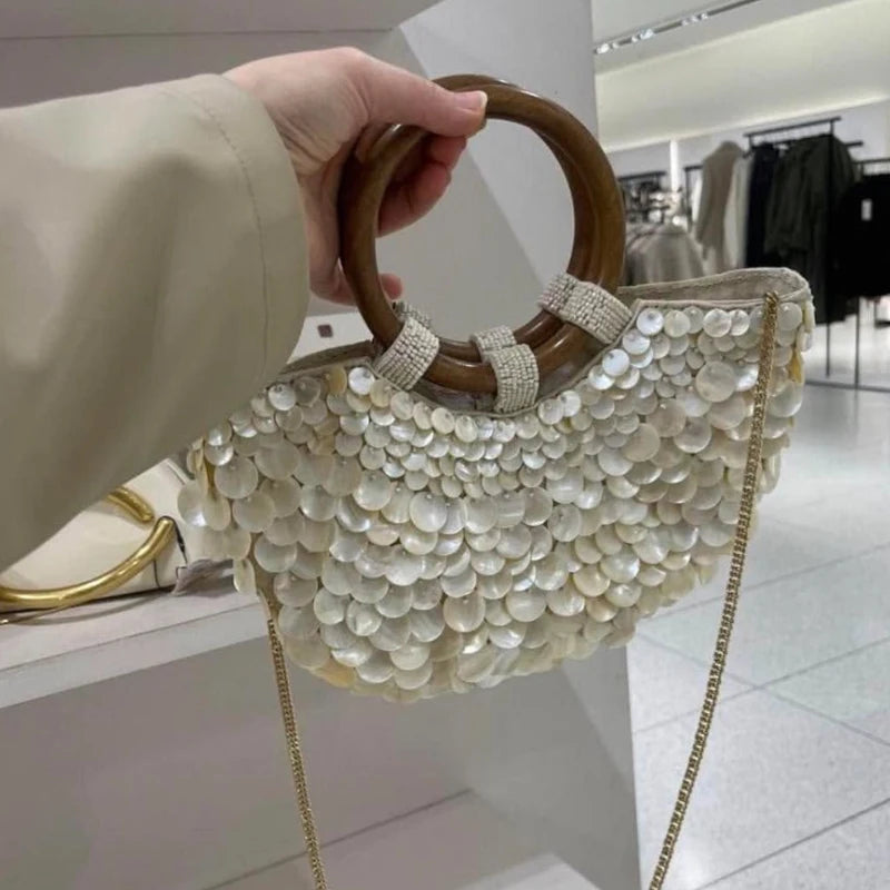 Small Shell Evening Bags for Women | Luxury Designer Handbag Purses & New Canvas Inlaid Acrylic Wooden Handle Chain Shoulder Bag Luxegab