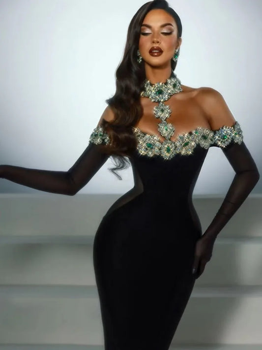 Women's Celebrity Black Bandage Maxi Dress | Sexy Diamonds Crystal Evening Gown | Elegant Off-The-Shoulder Bodycon Party Dress | Premium High Stretch Knit Slim Fit Floor-Length Luxegan