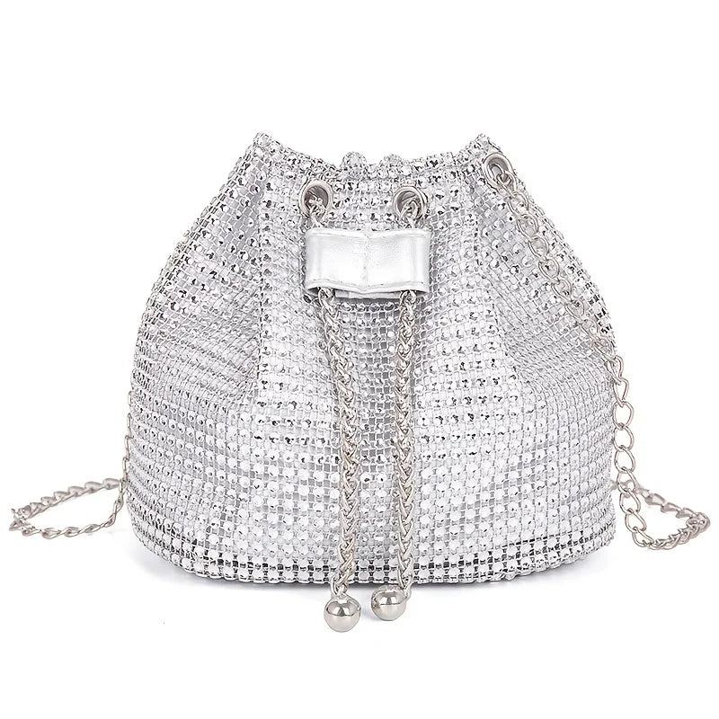 Sparkling Rhinestone Embellished Drawstring Crossbody Bag, Multi-Functional Bucket Purse, Formal Handbag for Women Daily Commute Luxegan