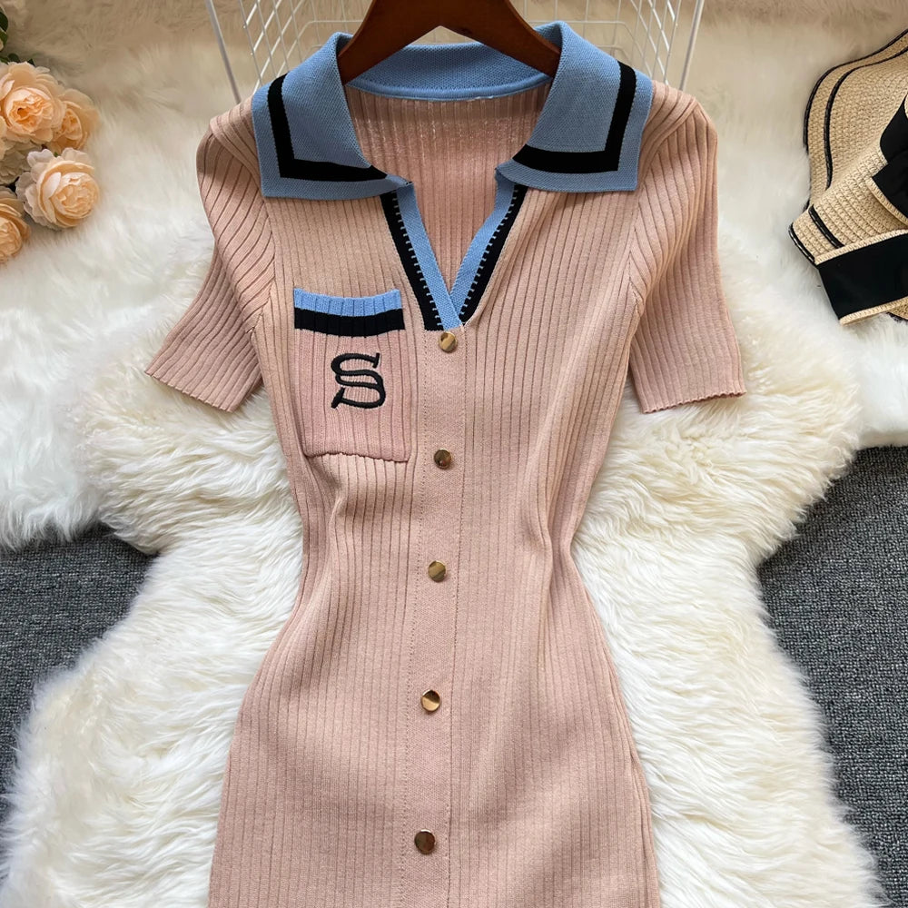 Brand Fashion Summer Knitted Bodycon Dress | Y2K Embroidered Long Sweater Dress | Short-Sleeve Turn-Down Collar Slim Streetwear Midi Luxegan