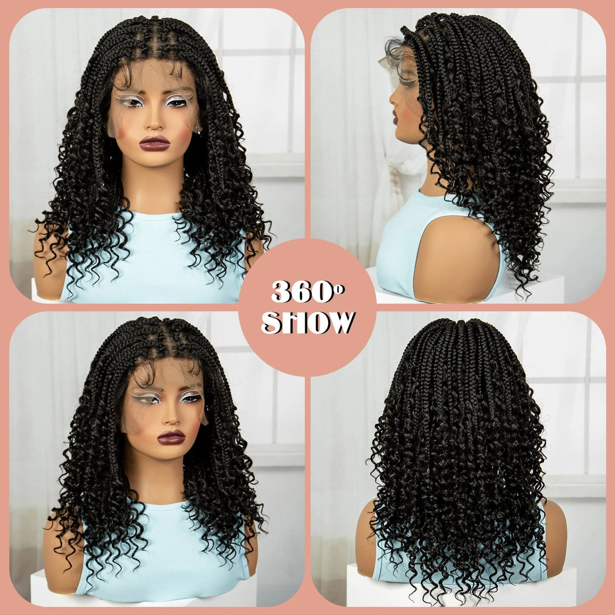 Full Lace Braided Lace Wigs Synthetic Knotless Box Braided Lace Wig with Curly Ends for Black Women Kinky Curly Braided Bob Wig Luxegan