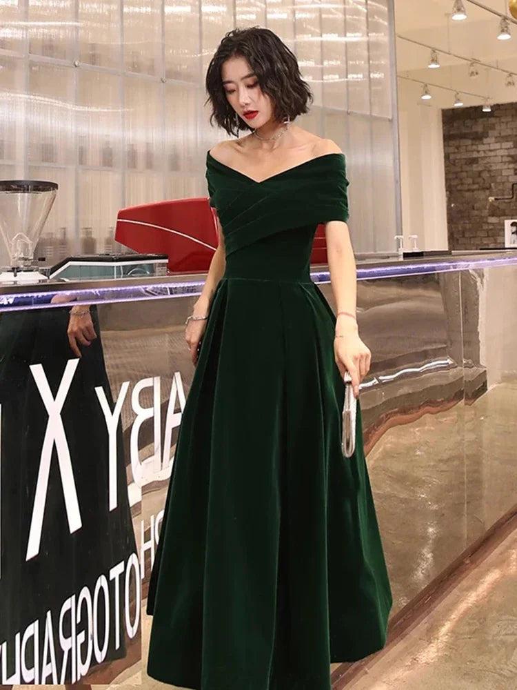 Solid Off-Shoulder Sleeveless Regular Fit Floor-Length Velvet Dress – Empire Waist, Spring/All Season Luxegan