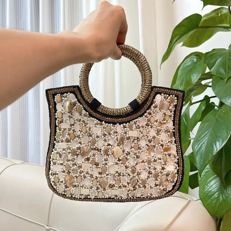 Indian Handmade Heavy Industry Bead Handbag | Embroidered Rhinestone Pearl Diagonal Tote & Women's Wedding Party Bag