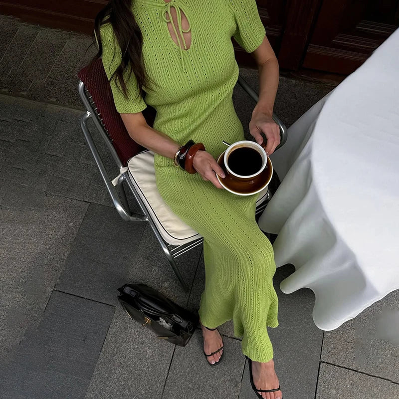 Solid Stand Collar Short Sleeve Slim Fit A-Line Knit Dress – Natural Waist, Summer | Short & Long
