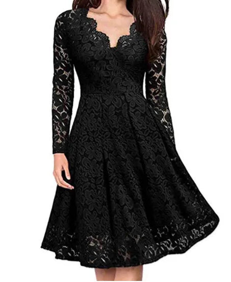 Solid V-Neck Full-Length Sleeve Slim Fit A-Line Knee-Length Dress – High Stretch Polyester-Cotton Broadcloth, Empire Waist, Summer Luxegan