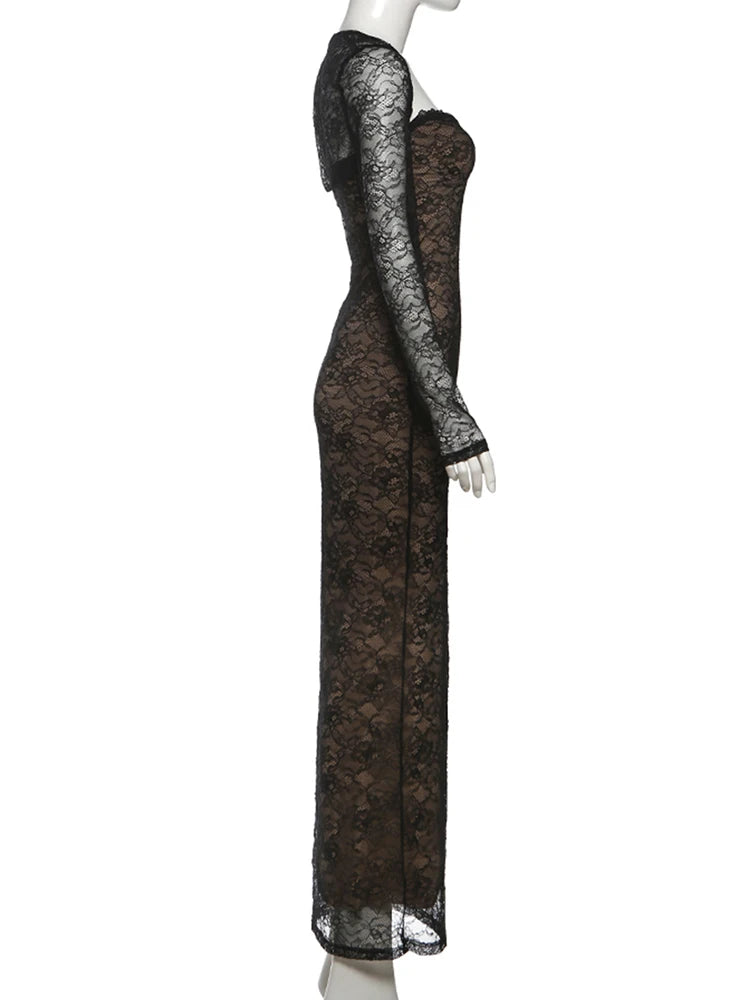 Nibber Coquett Low-Neck Maxi Dress+Lace Full Sleeve Crop tops Women Jacquard Sexy Prom Party Midnight Classic Fashion Vestidos