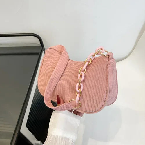Korean Fashion Vintage Corduroy Underarm Bag | Women's Summer Soft Zipper Shoulder Small Bag | Casual Clutch Handbag Luxegan