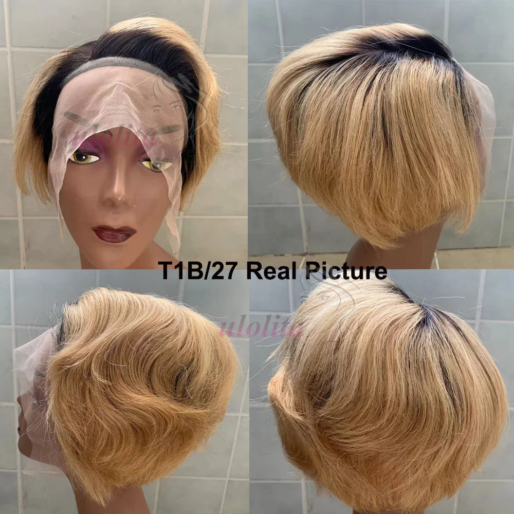 Short Bob Wig Pixie Cut Wig Straight Human Hair Wig 13X4 Transparent Lace Frontal Wig For Women Highlight Straight Pixie Cut Wig