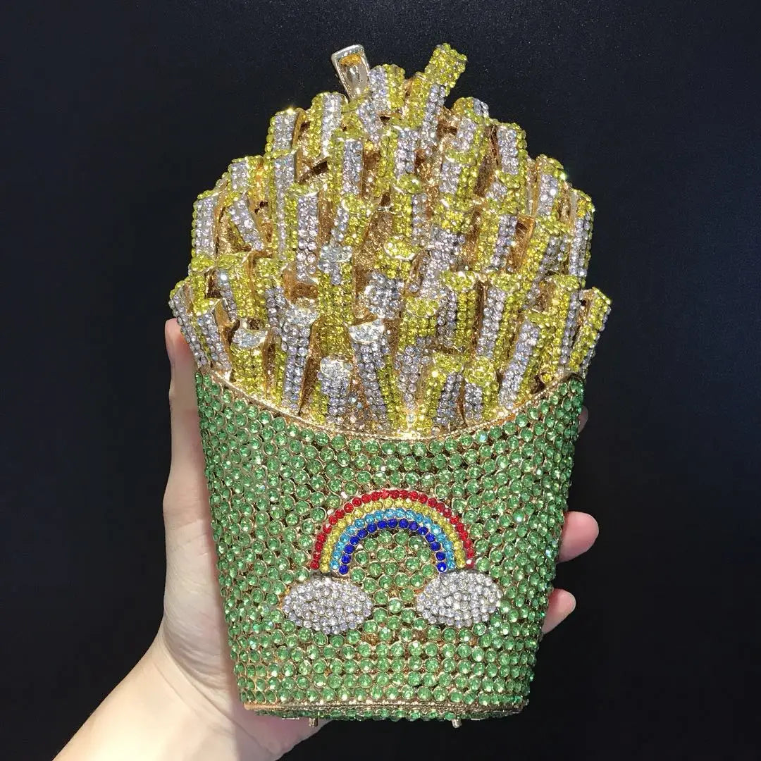 Food-Styling Metal Diamond Purse | Sophisticated Luxury Crystal Evening Bag | Elegant Rhinestone Gala Handbag | "Dignified" Hard-Shell Metallic Minaudière for High-Fashion Parties Luxegan