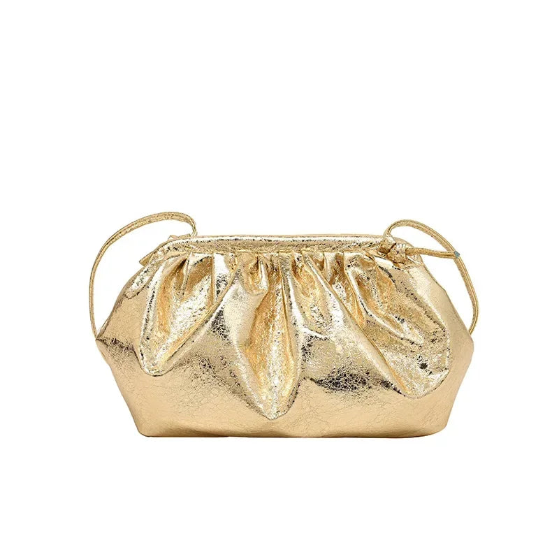 Small Luxury Design Women's Leather Silver Cloud Bag | Gold Crossbody & Ladies Party Clutch Purse (Sequined, Ruched Handbag) Luxegan