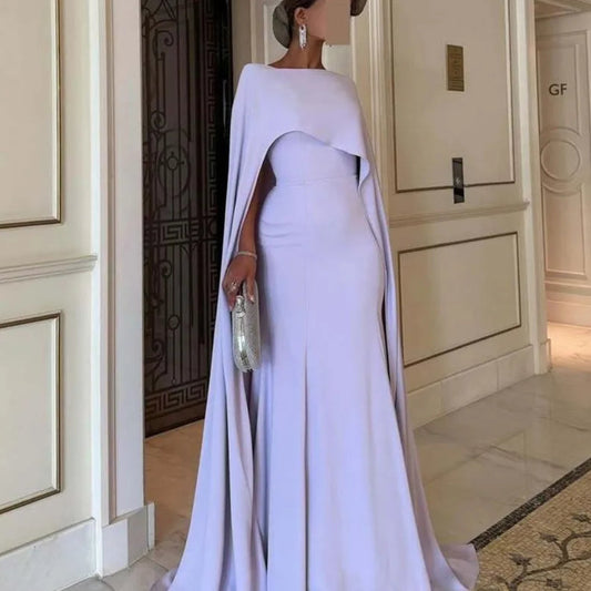Women's Elegant O-Neck Prom Evening Gown | Customized Stretchy Satin Cap Sleeve Dress | Simple Illusion Wedding Party Dress | Built-In Bra Floor-Length Luxegan