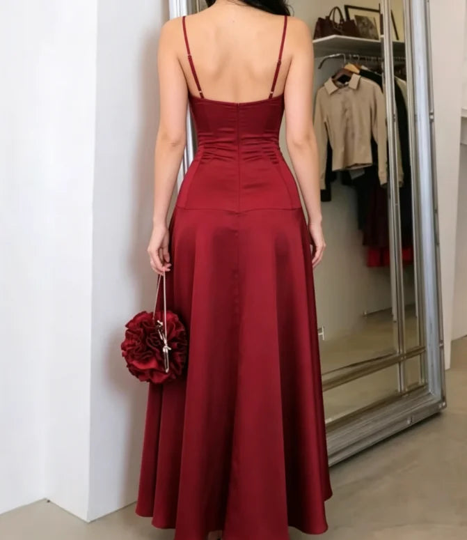 Women's Burgundy Spaghetti Strap Prom Dress | Elegant Satin Side Slit Mermaid Gown | Sexy Backless Floor-Length Evening Dress | Built-In Bra High Waist Party Dress Model Dec2412194 Luxegan