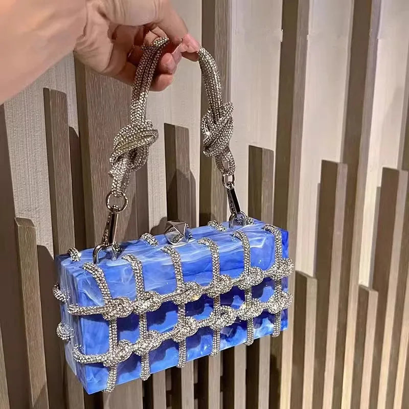 Diamond Clear Acrylic Box Evening Bag | Boutique Woven Knotted Rhinestone Purse | Luxury Party Clutch with Crystal Rope Handle & Metal Chain (Model 1201000988) Luxegan