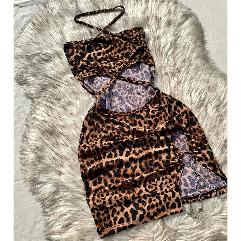 Elegant Leopard Print Mini Dress | Sexy Strapless Sleeveless Summer Holiday Gown | High-Street Hollow Bag Hip Clubwear Dress | Premium Medium Stretch Slim Fit Straight Silhouette Vestido Luxegan