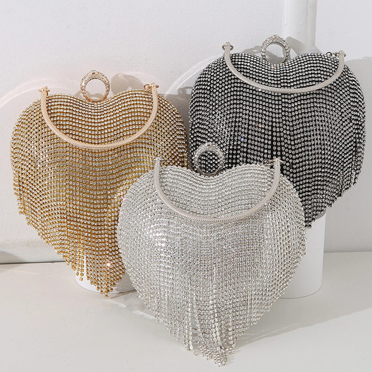 Rhinestone Evening Bag | Heart Pattern Silver Handbag & Diamond Tassel Clutch Luxegan