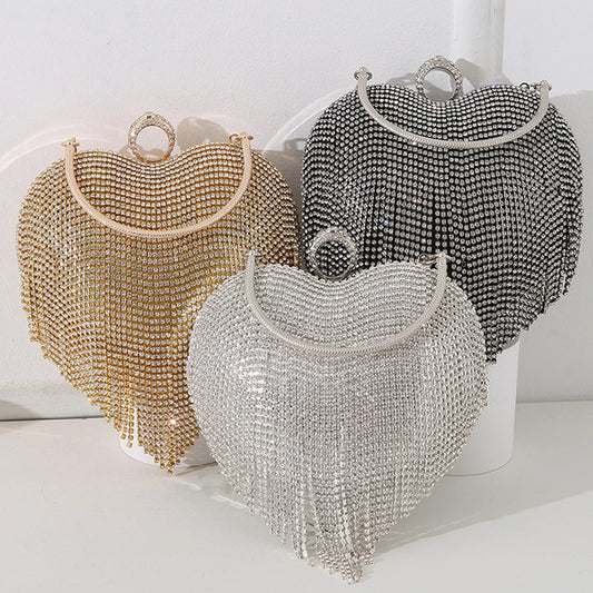 Rhinestone Evening Bag | Heart Pattern Silver Handbag & Diamond Tassel Clutch Luxegan
