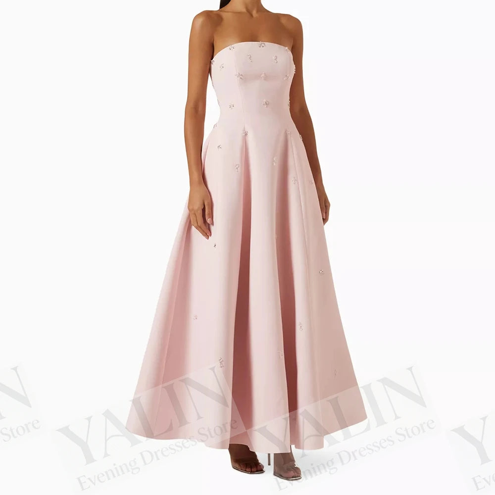 Sequined Draped A-Line Prom Dress | Strapless Sleeveless Ankle-Length Evening Gown Luxegan
