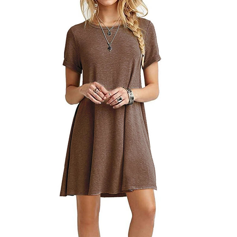 Casual Short Sleeve T-Shirt Dress | Vintage O-Neck Graphic Print Sundress | Elegant Simple Loose Fit A-Line Mini Dress | Premium Cotton Blend Summer Streetwear Model DR077 Luxegan