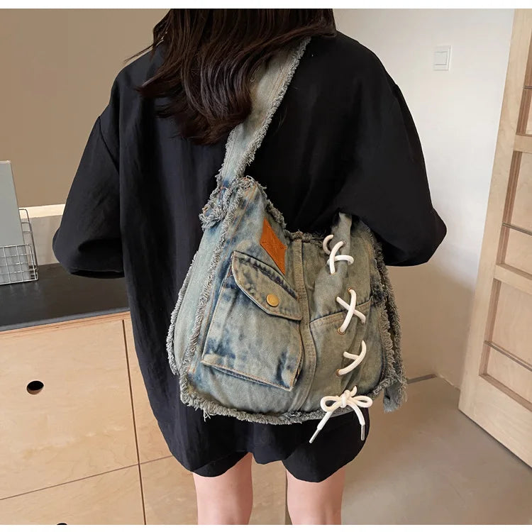 Washed Denim Shoulder Bag for Women Handbags | Large Capacity Female Messenger Bags | Soft Jeans Casual Big Totes Shopping Bag Luxegan