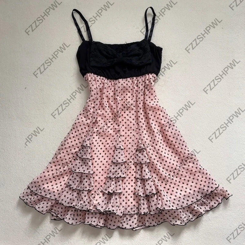 Women's Streetwear Harajuku Polka Dot Print Y2K Dress | Spicy Girls Rock Goth Braces Skirt | Unique Punk Chic Sleeveless Gown | Premium Tatting Medium Stretch Slim Fit A-Line Knee-Length Dress Luxegan