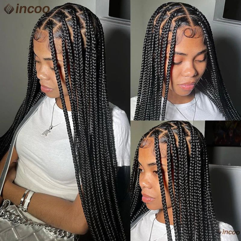 Synthetic Large Box Braided Wigs Jumbo Knotless Full Lace Front Wigs For Black Women Jumbo Tribal Braids Faux Locs Cornrows Wig Luxegan