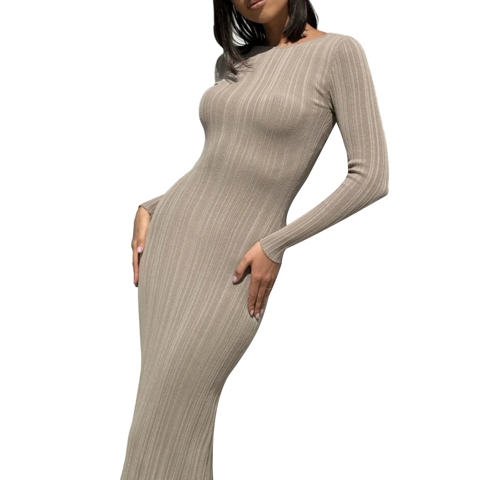 Solid Color Bodycon Knit Dress | Sophisticated Ribbed Slim Fit Ankle-Length Gown | Elegant "Full Sleeve" Silhouette | "Dignified" High-Stretch Pullover Dress for Radiant Versatile Autumn Styling Luxegan