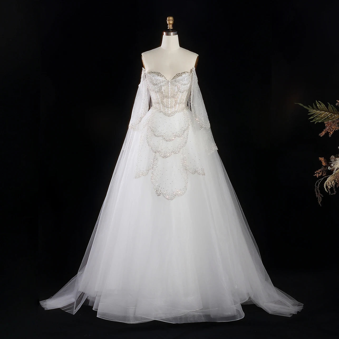 Off-Shoulder Sage Green Evening Gown | Fluid Cape-Sleeve Luxury Gala Dress | Sparkling Crystal Beading Floor-Length A-Line Gown Luxegan