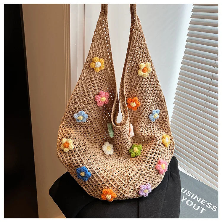 Hollow Mesh Knitted Shoulder Bag | Slouchy Chic Cartoon Beach Tote | Lightweight Laid-Back Woven Handbag | Spring & Summer Versatile Nylon Satchel for Women Luxegan
