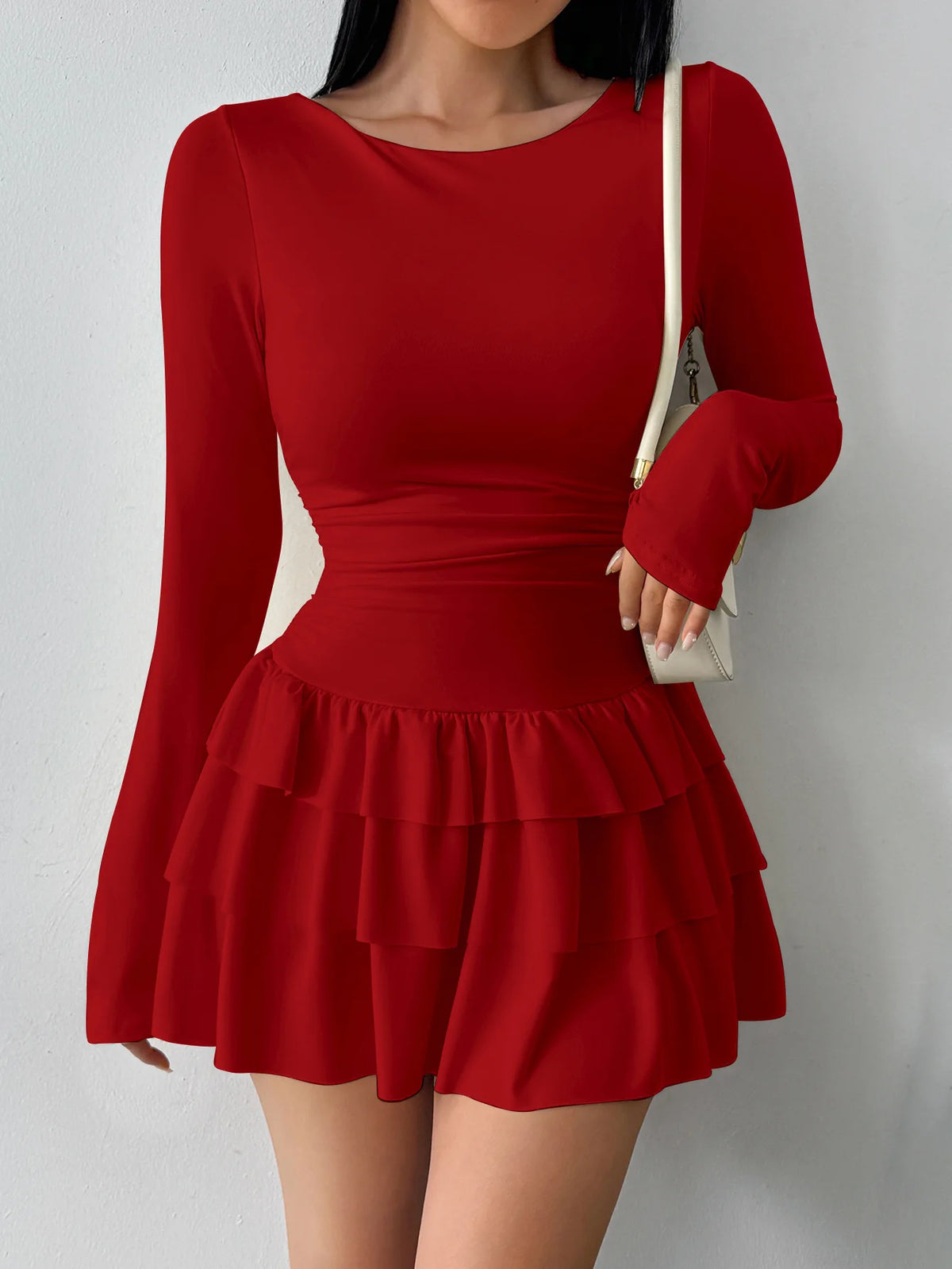 Solid Office Lady O-Neck Full-Length Sleeve Slim Pleated Knee-Length Dress – Medium-Stretch Polyester, Natural Waist, Autumn/Winter Luxegan