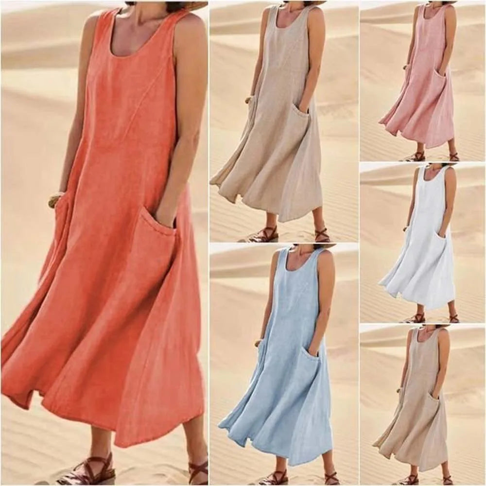 Women's Casual Cotton Linen Sundress | Summer Sleeveless Loose Sand Beachwear Maxi Dress | Elegant Double Big Pocket Oversized Long Dress | Premium High Stretch Regular Fit O-Neck Vestido Model LRFZ-818 Luxegan