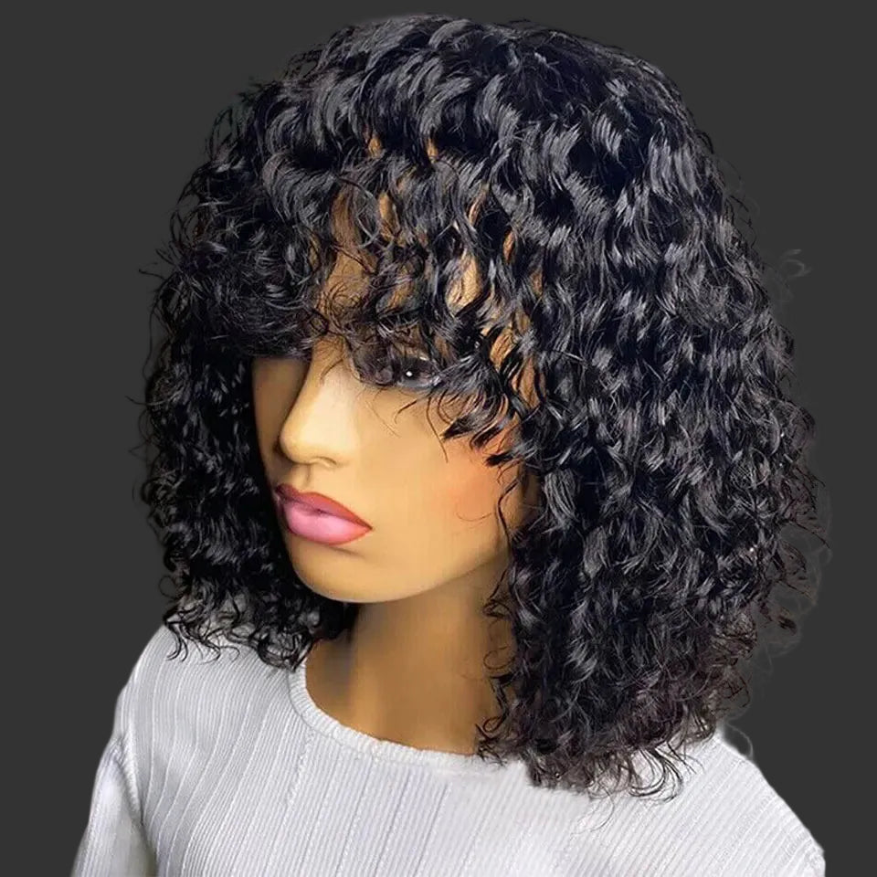 Short Curly Pixie Bob Human Hair Wig with Bangs | Glueless Full Machine-Made Water Wave Wig | 100% Brazilian Remy Human Hair Fringe Bob for Women (10-16 Inch, Natural Black) Luxegan