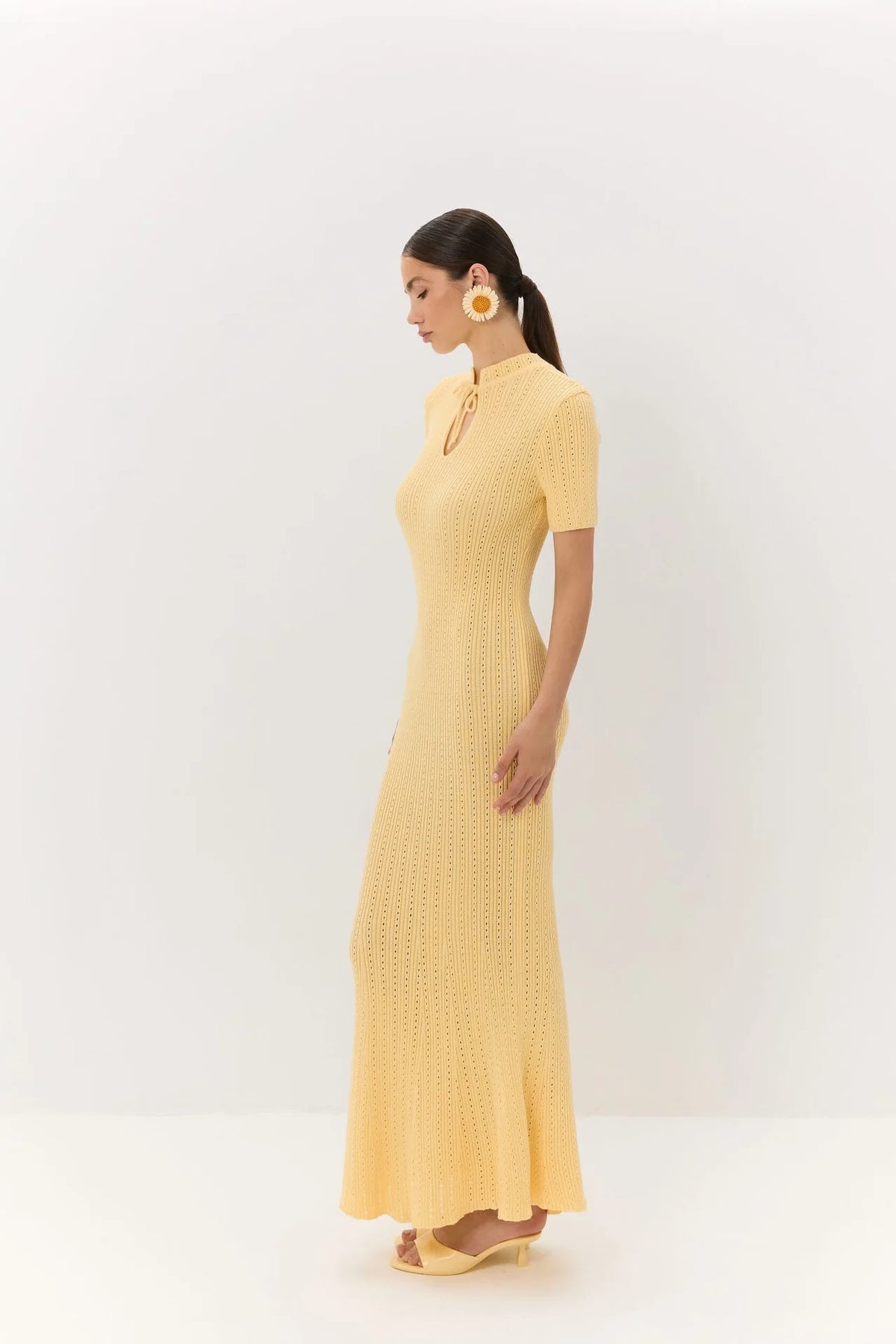 Knit Lace-Up V-Neck Short Sleeve Straight Ankle-Length Dress – Hollow-Out, High Stretch, Summer Luxegan