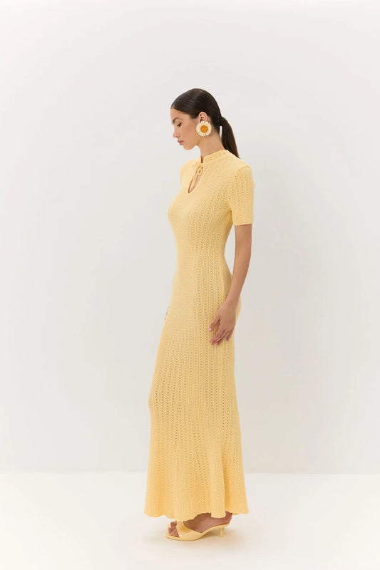 Knit Lace-Up V-Neck Short Sleeve Straight Ankle-Length Dress – Hollow-Out, High Stretch, Summer Luxegan