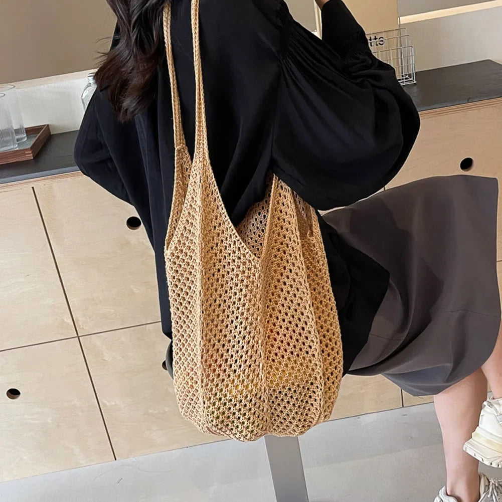 Fashionable Women’s Open-Weave Shoulder Bag | Large Capacity Knitted Underarm Bag | Minimalist Crochet Handbag | Summer Mesh Beach Bag for Vacation & Leisure Luxegan