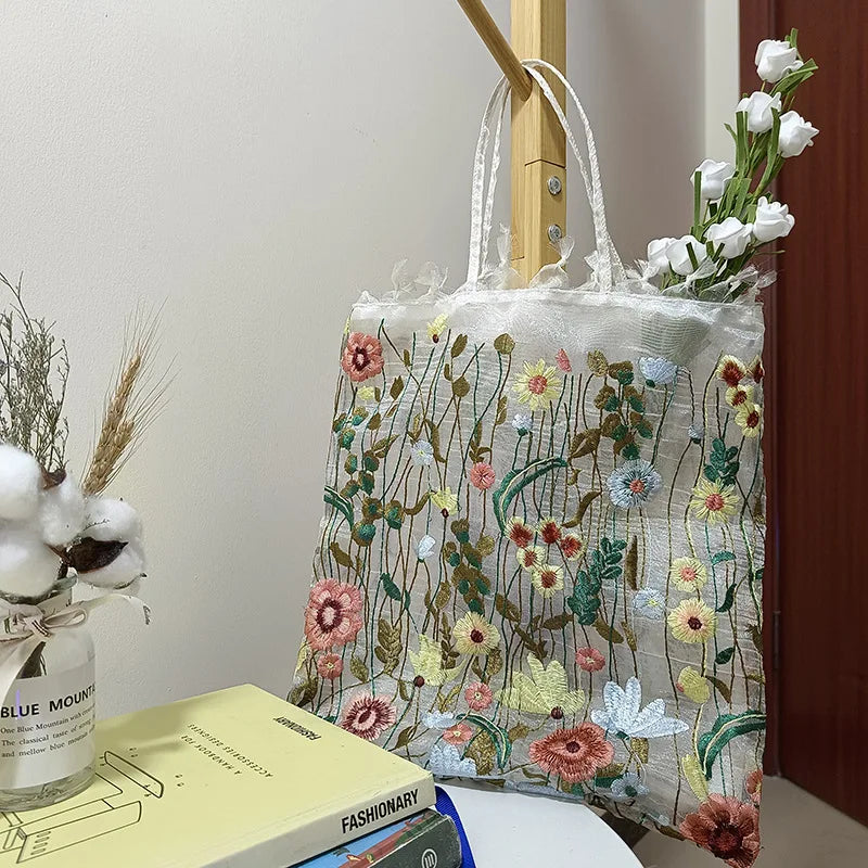 Floral Embroidery Mesh Tote | Romantic Clear Shopping Bag Luxegan