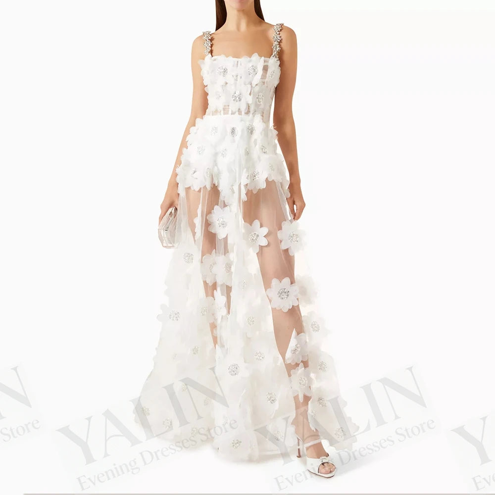 Floral Crystal A-Line Prom Dress | Spaghetti Strap Sleeveless Ankle-Length Gown Luxegan