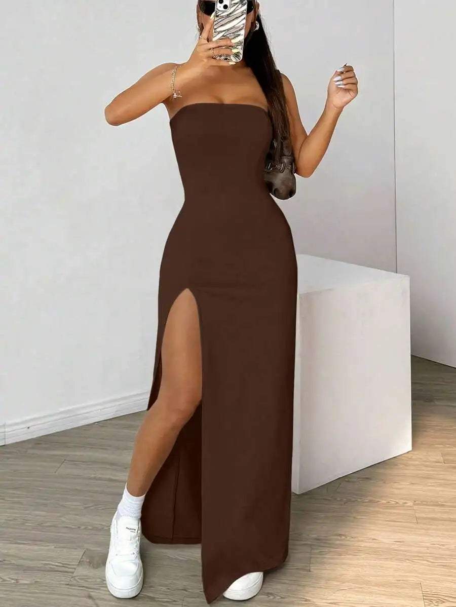 Elegant Ladies Solid Strapless Camisole Long Dress | Slim-Fit Slit Ankle-Length Chest-Wrapping Gown | Simple All-Season Basic Polyester A-Line Dress Luxegan