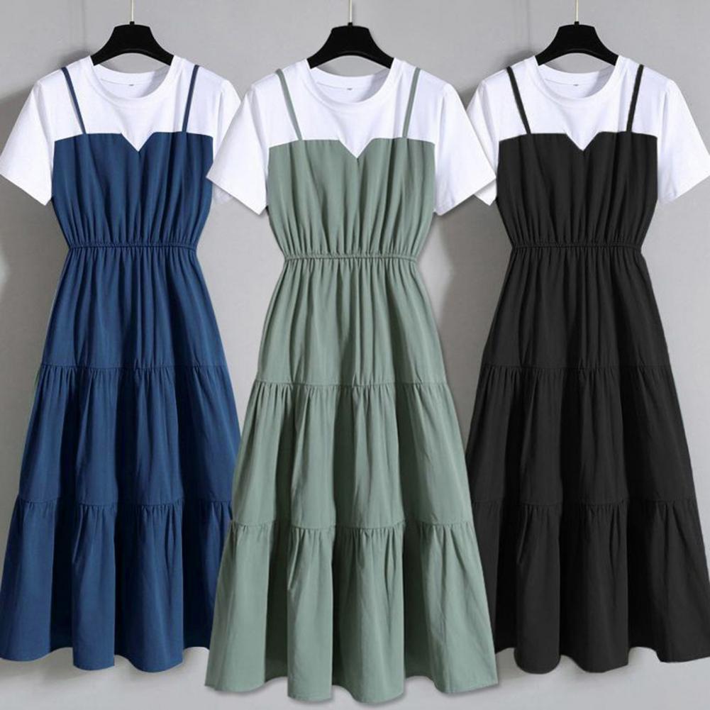 Solid Round Neck Short Sleeve Loose Fit-and-Flare Mid-Calf Dress – Elastic Waist, Spring/Summer Luxegan