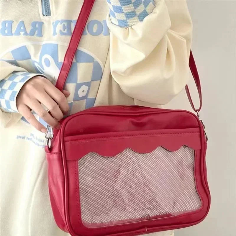 Women's PU Transparent Pocket Ita Bag | High School Girls JK Uniform Crossbody Shoulder Handbag (Fashion Satchel) Luxegan