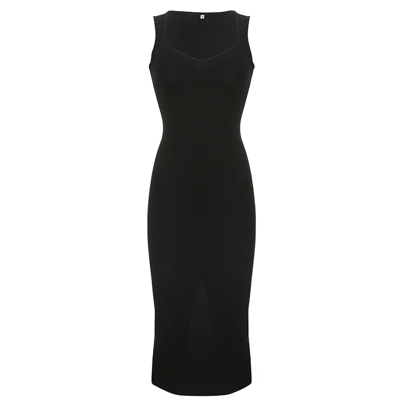 Women's Basic Knit Square Collar Midi Dress | Korean Fashion Sleeveless Tank Dress | Summer Casual Y2K Vintage Bodycon Outfit | High Stretch Slim Fit Sheath Vestido Model CBMGD26761 Luxegan